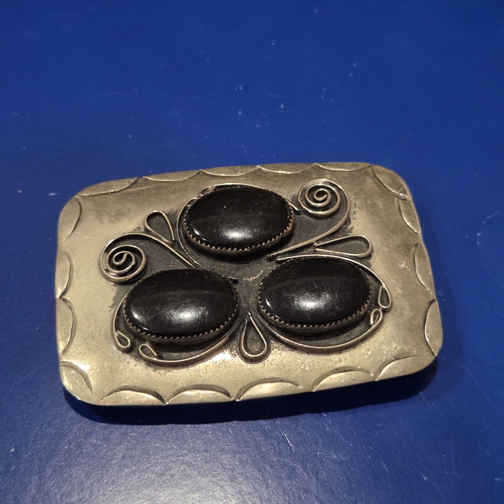 Southwestern Three Stone Black Onyx Silver Tone Belt Buckle Handmade Style